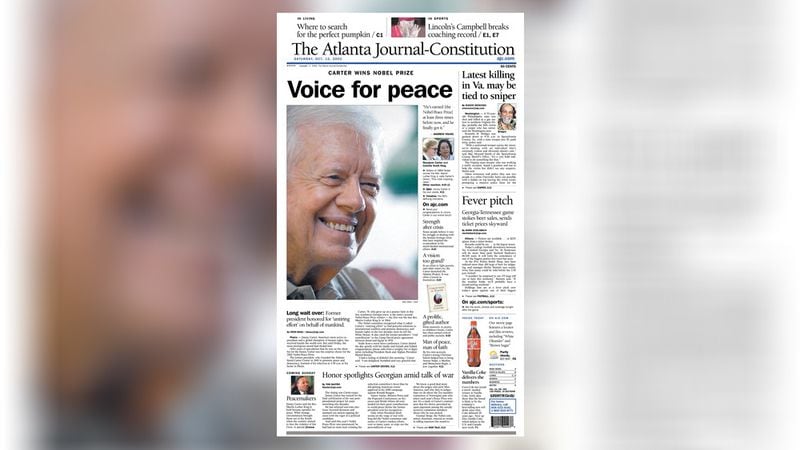 "Voice for peace" was the front-page headline the morning after former President Jimmy Carter won the Nobel Peace Prize in 2002. (The Atlanta Journal-Constitution)
