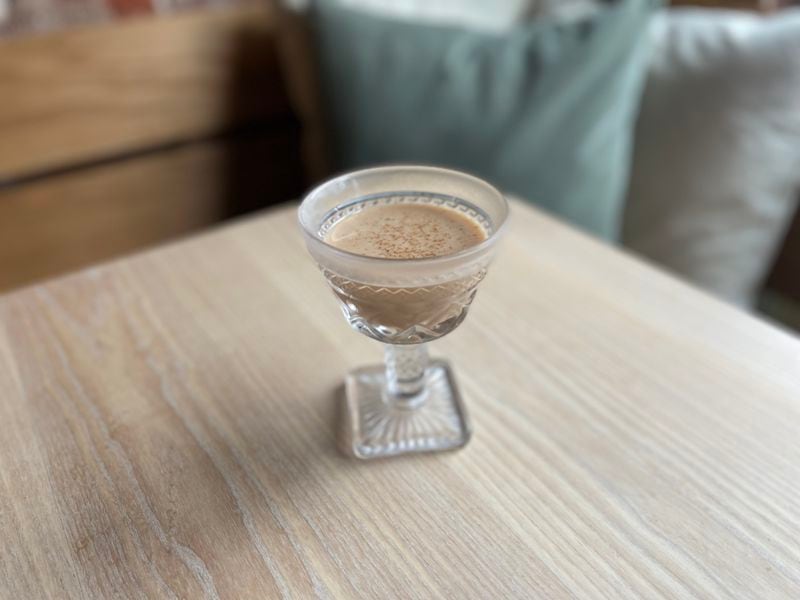 The vegan Pacanquito at Little Bear uses house-made benne seed and pecan milks for the base, along with spiced brandy and overproof rum. Courtesy of Jarrett Stieber