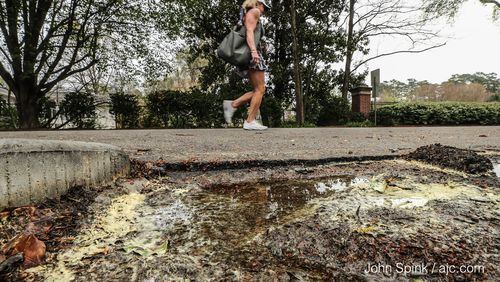 Renee Houle walks by a puddle full of pollen on Lionel Lane in Atlanta. JOHN SPINK / JSPINK@AJC.COM