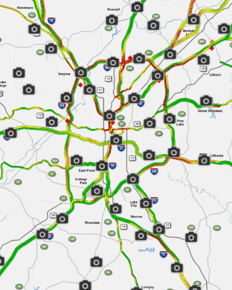 Friday's evening commute sure looks like an evening commute in Atlanta. There are a lot of slowdowns on the WSB 24-hour Traffic Center map.