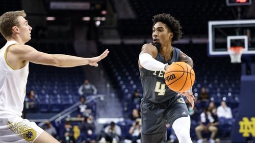 Georgia Tech forward Ja'von Franklin attempts a pass in the Yellow Jackets' game against Notre Dame Jan. 10, 2023 at Purcell Pavilion in South Bend, Ind. (Notre Dame Athletics)