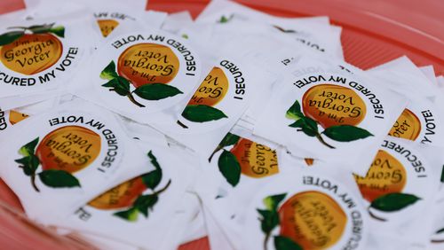 Georgia voter stickers at Roswell Library on Friday, May 20, 2022. (Natrice Miller / natrice.miller@ajc.com)
