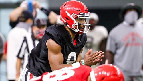 Georgia quarterback Jamie Newman (9) during the Bulldogs’ practice in Athens, Ga., on Wed., Aug. 26, 2020. (Photo by Chamberlain Smith)