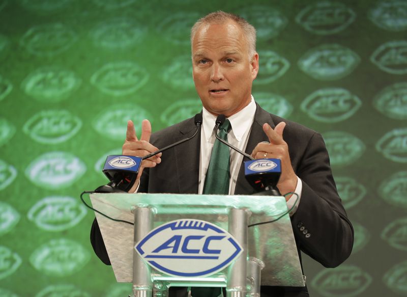 Miami coach Mark Richt answers a question during a news conference at the ACC media day in Charlotte, N.C., Wednesday, July 18, 2018. (AP Photo/Chuck Burton)