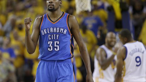 Forward Kevin Durant may have played his final game with the Oklahoma City Thunder Monday night as he officially will become an unrestricted free agent soon. (AP photo)