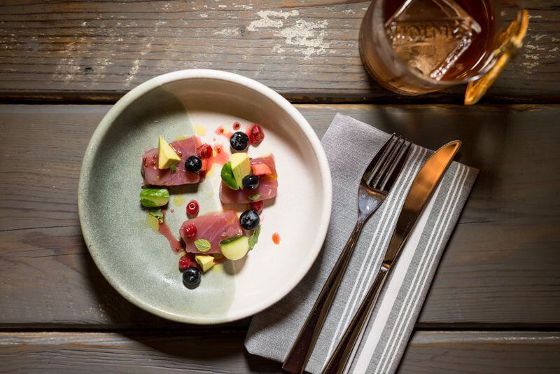 Tuna Crudo with blueberry, avocado, baby cucumber, olive oil, and red currants. Photo credit- Mia Yakel.