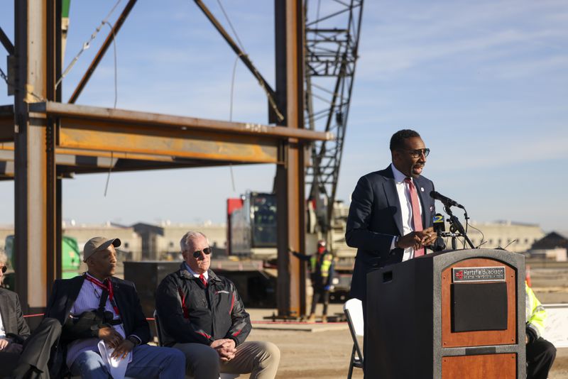 Atlanta Mayor Andre Dickens speaks during an event as construction is underway to widen Hartsfield-Jackson Concourse D before a topping ceremony at the Modular Yard near the Hartsfield-Jackson International Airport, Thursday, December. 14, 2023, in Atlanta. During the $1.3 billion project, starting next April each modular component will be transported and connected onto Concourse D, enabling most gates to remain active throughout. (Jason Getz / Jason.Getz@ajc.com)