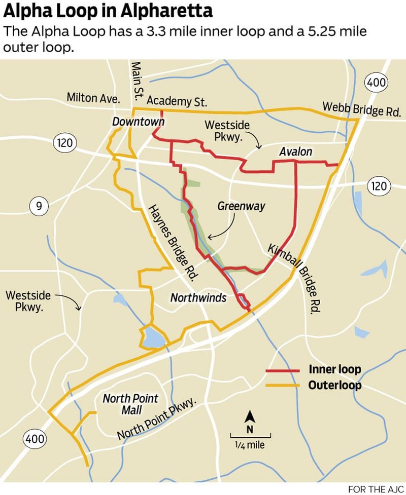 Above is a map of the inner and outer loops of Alpha Loop, a multi-use path connecting Downtown Alpharetta, Avalon and Northwinds, a 150-acre office park.