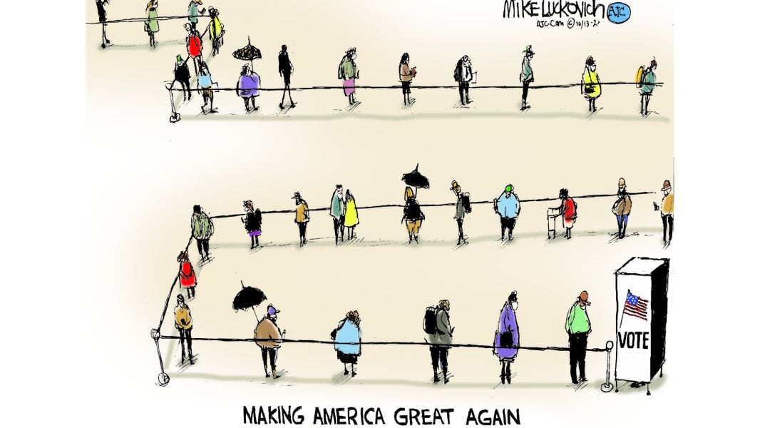 Caption:  Making America Great Again.  Image:  Long line of 