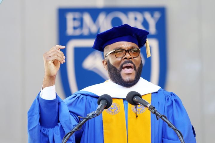 Georgia-based producer and director Tyler Perry addressed the crowd during Emory University’s 2022 Commencement and received the honorary doctor of letters degree on Monday, May 9, 2022. 15,000 people were expected to attend. Miguel Martinez /miguel.martinezjimenez@ajc.com