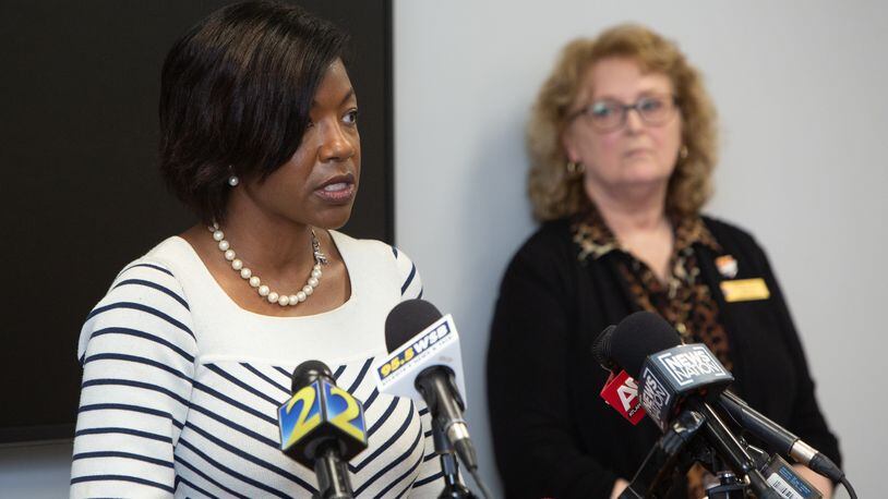 At the Cobb County Elections and Voter Registration office, Cobb County Board of Elections Chair Tori Silas, left, and Cobb County Elections Director Janine Eveler, right, hold a press conference Monday, Nov 7, 2022 to address absentee ballots that were requested but never mailed.  (Jenni Girtman for The Atlanta Journal-Constitution)