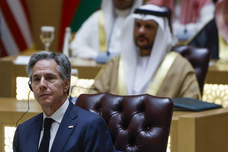 U.S. Secretary of State Antony Blinken attends a Joint Ministerial Meeting of the Gulf Cooperation Council and US to discuss the humanitarian crises faced in Gaza, in Riyadh, Saudi Arabia Monday, April 29, 2024. (Evelyn Hockstein/Pool Photo via AP)