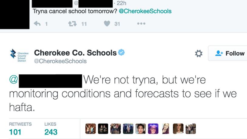 An exchange between a Cherokee County Schools student and the mastermind behind the schools' Twitter account.