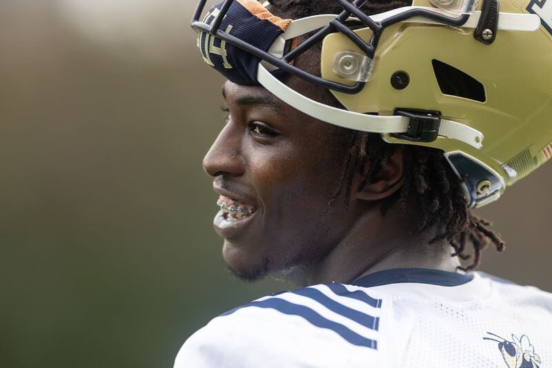 Linebacker Charlie Thomas laughs on the sidelines during the first day of spring practice for Georgia Tech football. (Photo Jenn Finch)