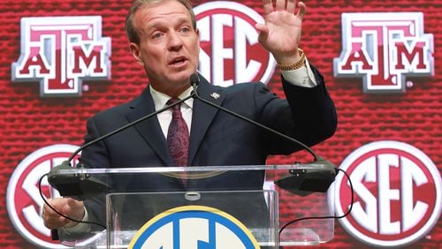 July 16, 2018 Atlanta: Texas A&M head coach Jimbo Fisher holds his SEC Media Days press conference at the College Football Hall of Fame on Monday, July 16, 2018, in Atlanta.     Curtis Compton/ccompton@ajc.com
