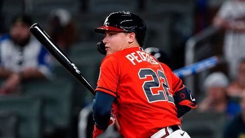 Atlanta Braves pinch-hitter Joc Pederson grounds out for the final out of the team's baseball game against the Tampa Bay Rays on Friday, July 16, 2021, in Atlanta. (AP Photo/John Bazemore)
