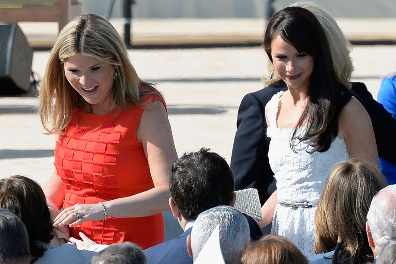 George W. Bush's daughters Jenna Bush Hager (L) and Barbara Bush attend the opening ceremony of the George W. Bush Presidential Center April 25, 2013 in Dallas, Texas.  (Photo by Kevork Djansezian/Getty Images)