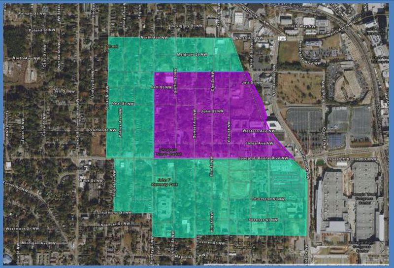 This map shows the initial Westside study area (purple) and the expanded area (green). Courtesy of Google