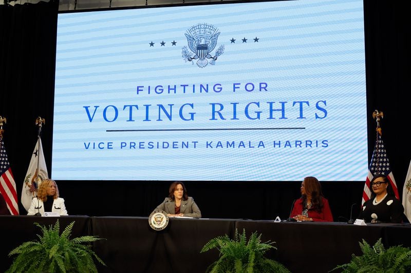 Vice President Kamala Harris speaks at The Gathering Spot in Atlanta on voting rights on Jan. 9, 2024. (Miguel Martinez/miguel.martinezjimenez@ajc.com)