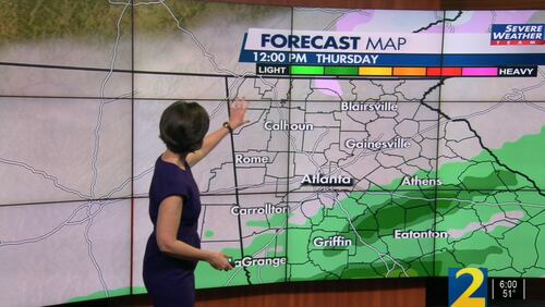 Channel 2 Action News meteorologist Jennifer Lopez said North Georgia will dry out from north to south on Thursday as a cold front slowly moves through the region.