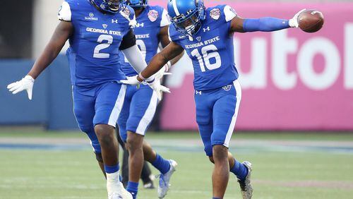 Georgia State cornerback Jerome Smith (16) celebrates after an interception against Western Kentucky during the Cure Bowl at Camping World Stadium in Orlando, Fla., on Saturday, Dec. 16, 2017. Georgia State won, 27-17. (Stephen M. Dowell/Orlando Sentinel/TNS)