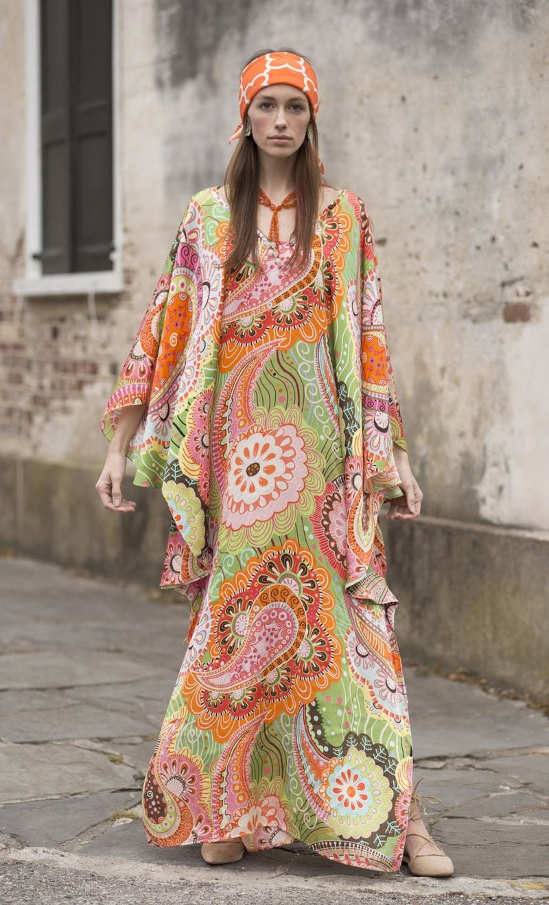 The colorful, made-to-order Victoria Paisley kimono ($1,300) with the butterfly sleeves is designed by Susan Carson of Carson & Co., now based in South Carolina. Contributed by carsonandco.com