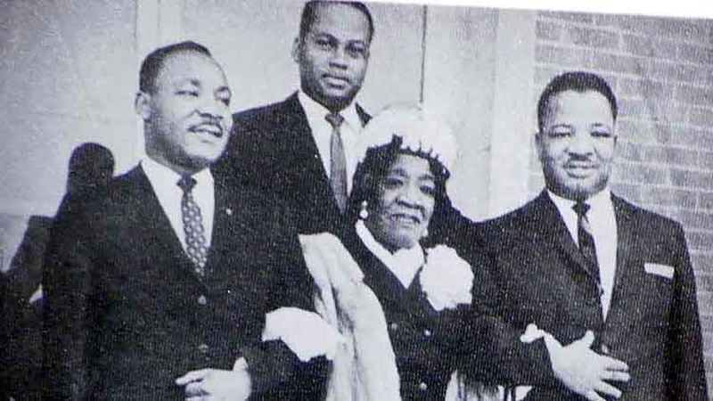 Family matriarch Alberta Williams King is flanked by her sons, the Rev. Martin Luther King Jr. on her right and A.D. King on her left. Isaac Newton Farris, the husband of her daughter, Christine, stands behind them. (AJC file photo)