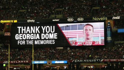 A parting message at the last football game in the Georgia Dome, the NFC Championship game on Jan. 22. (Curtis Compton/ccompton@ajc.com)