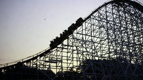 One of Six Flags Over Georgia’s most recognizable rides, the wooden Great American Scream Machine, is seen in this vintage photo. The amusement park is currently celebrating its 50th season. CONTRIBUTED BY SIX FLAGS OVER GEORGIA