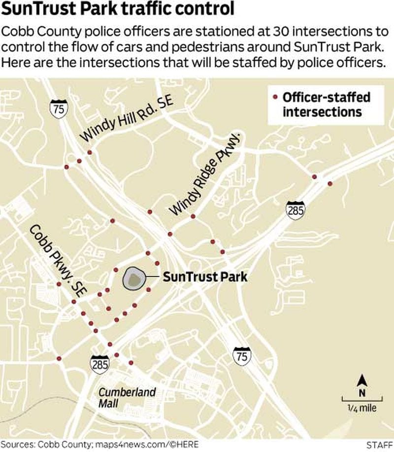 Cobb County police will man 30 intersections around SunTrust Park, at a cost to Cobb taxpayers of about $900,000 per year. Source: Cobb County