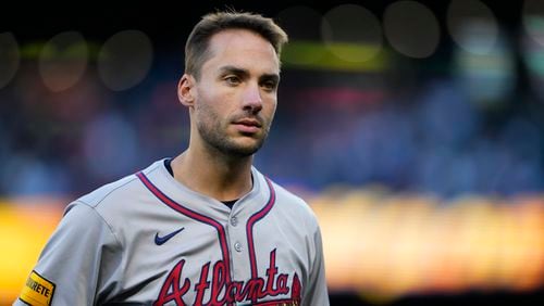 Atlanta Braves' Matt Olson looks on during a baseball game against the Seattle Mariners, Tuesday, April 30, 2024, in Seattle. (AP Photo/Lindsey Wasson)