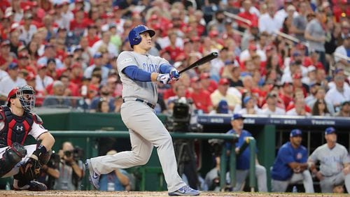 The Chicago Cubs' Anthony Rizzo (44) hits a two-run home run in the fourth inning against the Washington Nationals during Game 2 of the National League Division Series at Nationals Park in Washington, D.C., on Saturday, Oct. 7, 2017. (Brian Cassella/Chicago Tribune/TNS)