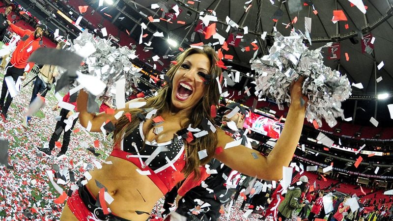  An Atlanta Falcons cheerleader celebrates in the confetti after the Falcons defeated the Green Bay Packers in the NFC Championship Game at the Georgia Dome on January 22, 2017 in Atlanta. The Falcons defeated the Packers 44-21. (Scott Cunningham/Getty Images)