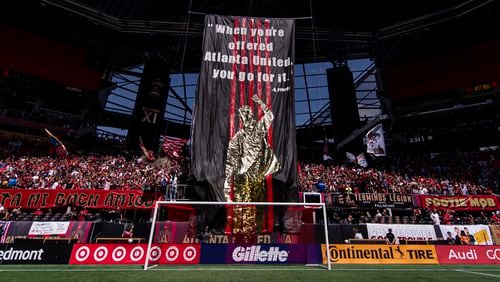 The tifo - paying tribute to new coach Gonzalo Pineda - is unveiled for game against Nashville Saturday, Aug. 28, 2021, to at Mercedes-Benz Stadium in Atlanta. (Dakota Williams/Atlanta United)