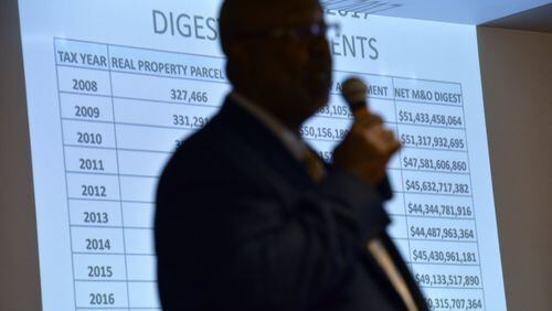 Dwight Robinson, Fulton’s chief appraiser, speaks before Fulton County residents. Fulton County commissioners on Wednesday approved the tax rate for residents. HYOSUB SHIN / HSHIN@AJC.COM AJC FILE PHOTO