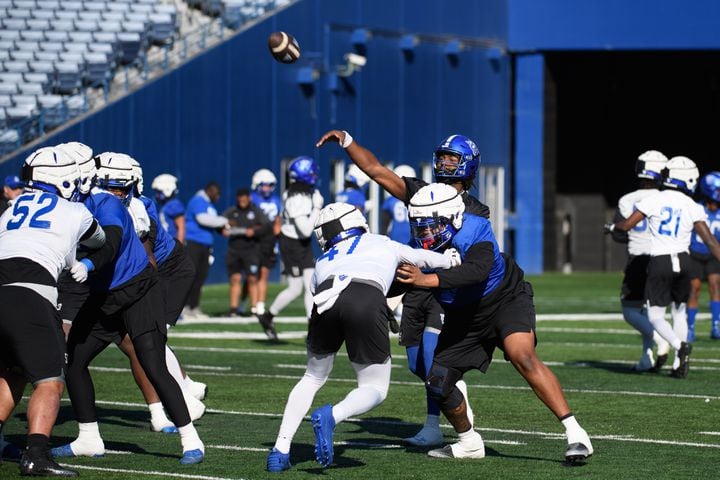 Georgia State quarterback Braylen Ragland throws a pass during spring football practice, at Center Parc Credit Union Stadium on Tuesday, March 19, 2024. (Jamie Spaar for the Atlanta Journal Constitution)