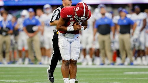 Tua Tagovailoa puts his own spin on a touchdown celebration early against Duke. (Photo by Kevin C. Cox/Getty Images)