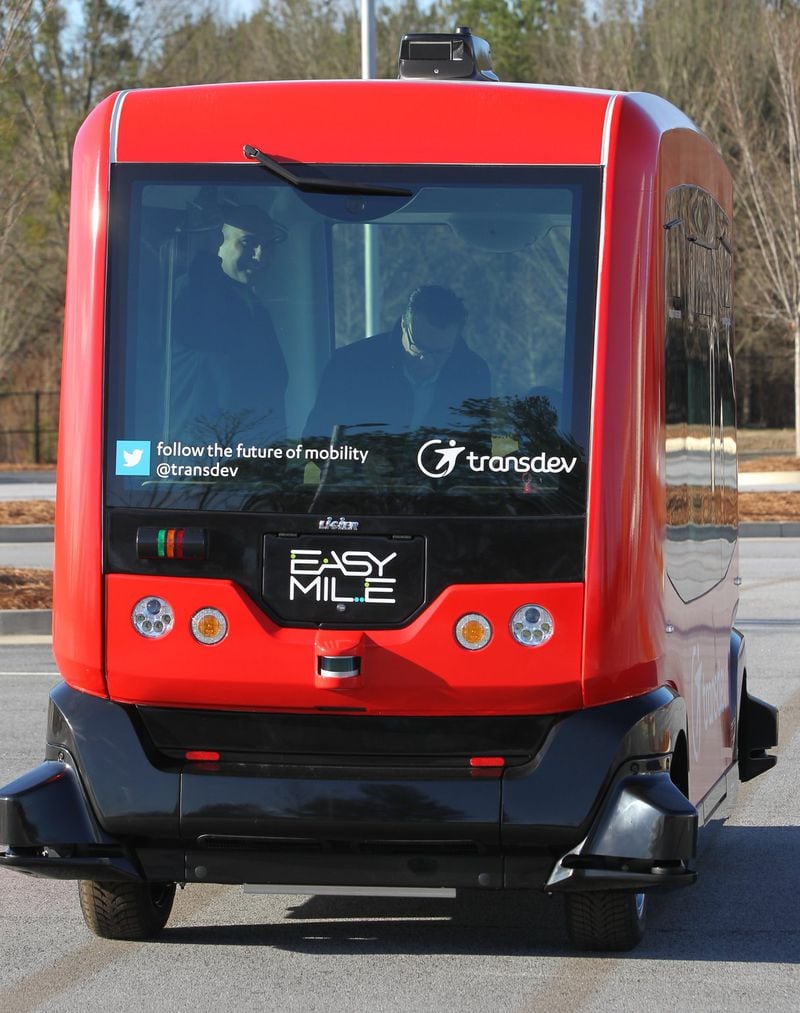The Easy Mile driverless vehicle rolls along on its programmed demo route in Austell on Thursday, January 26, 2017. (HENRY TAYLOR / HENRY.TAYLOR@AJC.COM)
