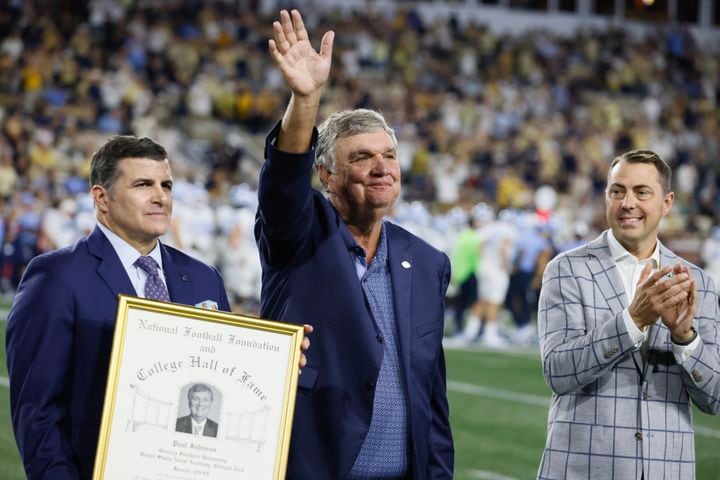 Former Georgia Tech coach Paul Johnson is honored for being named to the College Football Hall of Fame.  (Bob Andres for the Atlanta Journal Constitution)