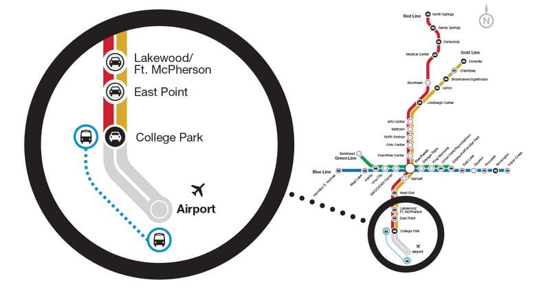 During the weeks of April 8-May 19, 2024, MARTA will run a bus bridge between the College Park and Atlanta Hartsfield-Jackson International Airport while the airport station is under construction.