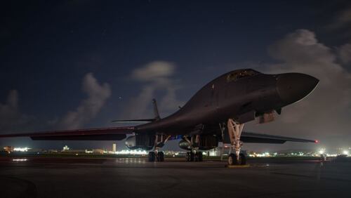 A US Air Force B-1B Lancer assigned to the 9th Expeditionary Bomb Squadron, deployed from Dyess Air Force Base, Texas, sits at Andersen Air Force Base in Guam on Friday before conducting a sequenced bilateral mission with South Korean F-15 and Koku Jieitai (Japan Air Self-Defense Force) F-2 fighter jets.
The mission is in response to a series of increasingly escalatory action by North Korea, including a launch of an intercontinental ballistic missile (ICBM) on Tuesday.