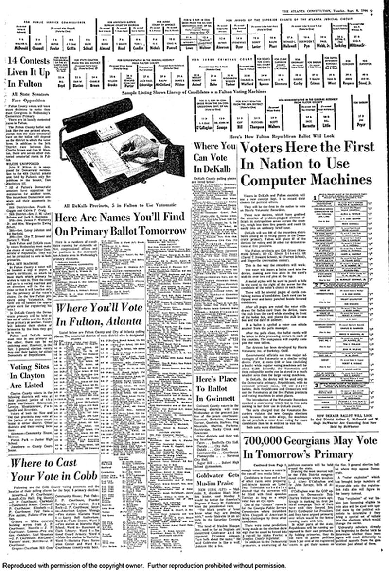 Sept. 8, 1964 -- The Constitution noted that Fulton and DeKalb voters would be the nation's first to have computers tally their ballots. AJC PRINT ARCHIVES