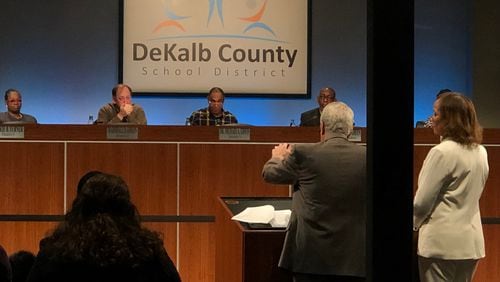 Finance and human resources officials address the DeKalb County Board of Education during a special called meeting Wednesday. (Marlon A. Walker / MARLON.WALKER@AJC.COM)