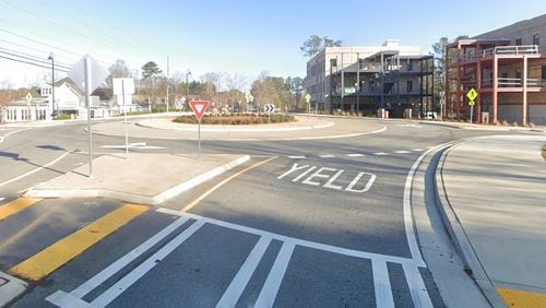 This roundabout at Ga. 372 and Heritage Walk is one of two the city will study to determine if Rapid Rectangular Flashing Beacons might improve safety. GOOGLE MAPS