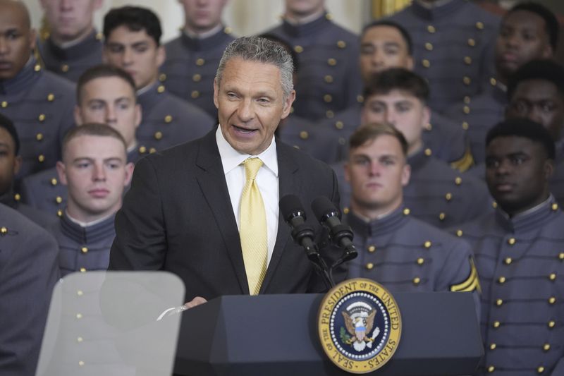 Head coach Jeff Monken, speaks during an event where President Joe Biden presented the Commander-in-Chief's Trophy to the United States Military Academy Army Black Knights, in the East Room of the White House, Monday, May 6, 2024, in Washington. (AP Photo/Evan Vucci)