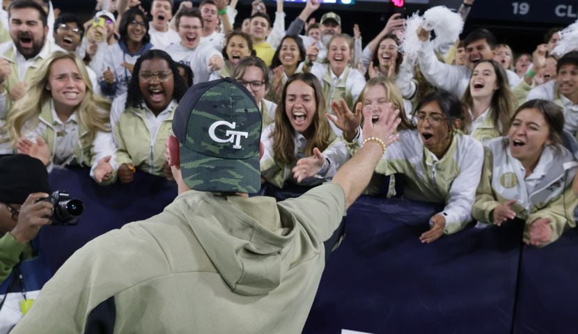 Georgia Tech Yellow Jackets head coach Brent Key celebrates after beating Syracuse, 31-22, in Atlanta on Saturday, Nov. 18, 2023.  (Bob Andres for the Atlanta Journal Constitution)