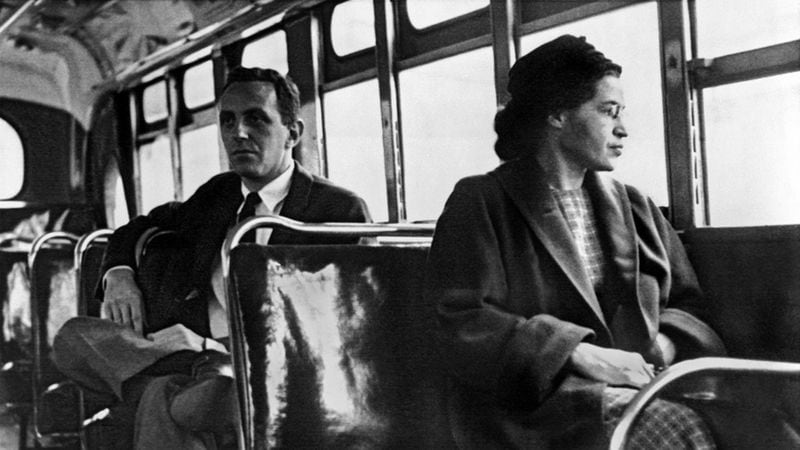 Rosa Parks, who was arrested Dec. 1, 1955, when she refused to give up her seat for a white passenger, is seated toward the front of the bus in Montgomery, Ala., in 1956. CONTRIBUTED BY UNDERWOOD ARCHIVES / GETTY IMAGES