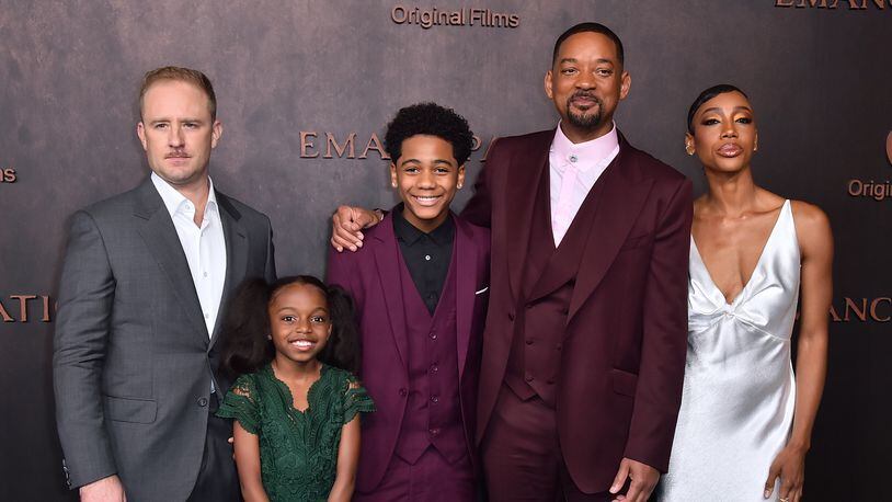 Ben Foster, from left, Jordyn McIntosh, Jeremiah Friedlander, Will Smith and Charmaine Bingwa arrive at the premiere of "Emancipation," Wednesday, Nov. 30, 2022, at the Regency Village Theatre in Los Angeles. (Photo by Jordan Strauss/Invision/AP)