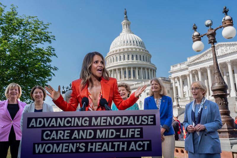 Oscar-winning actor and women's health activist Halle Berry joins female senators as they introduce new legislation to boost federal research on menopause, at the Capitol in Washington, Thursday, May 2, 2024. The bipartisan Senate bill, the Advancing Menopause Care and Mid-Life Women's Health Act, would create public health efforts to improve women's mid-life health. (AP Photo/J. Scott Applewhite)