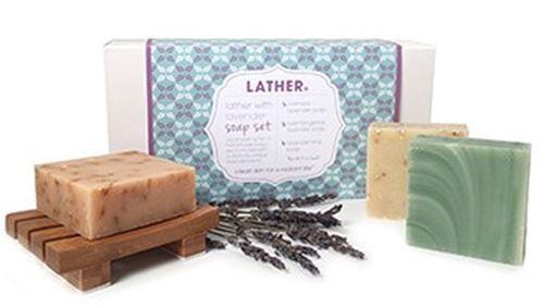 A trio of handmade soaps from LATHER featuring unique blends of lavender